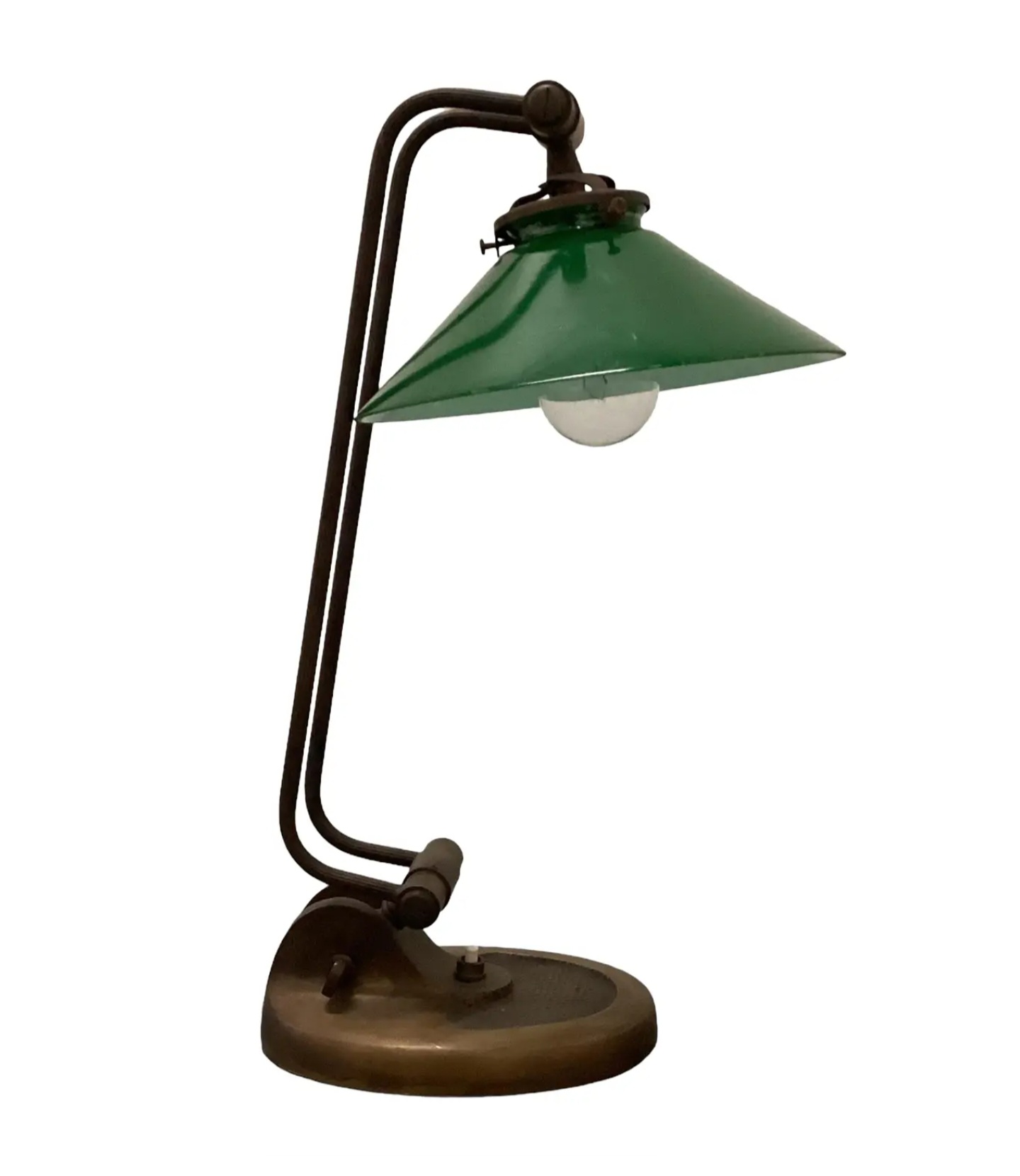 Banker’s Table Lamp in Brass with Original Green Glass Shade, Italy, 1940s