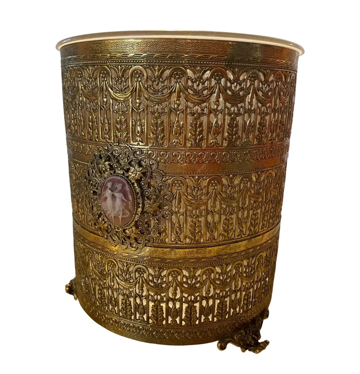 19th Century Victorian Brass Trash Can with Removable Liner