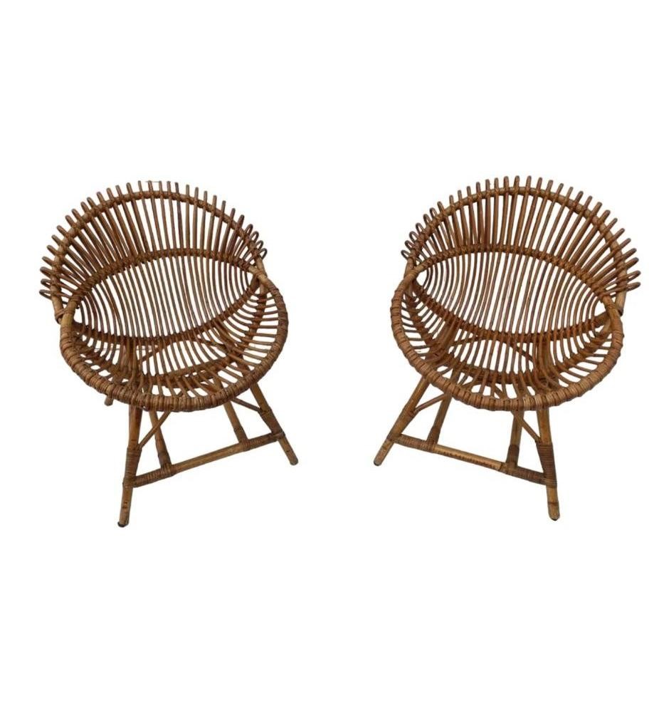 Pair of Vintage Bonacina Rattan Sculptural Chairs, Italy, 1960s