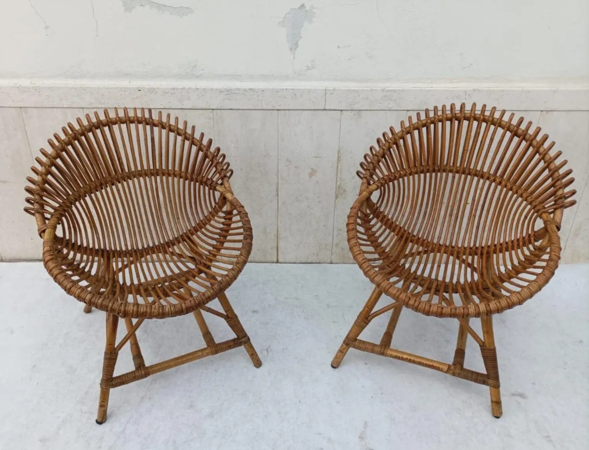 Pair of Vintage Bonacina Rattan Sculptural Chairs, Italy, 1960s - Image 7
