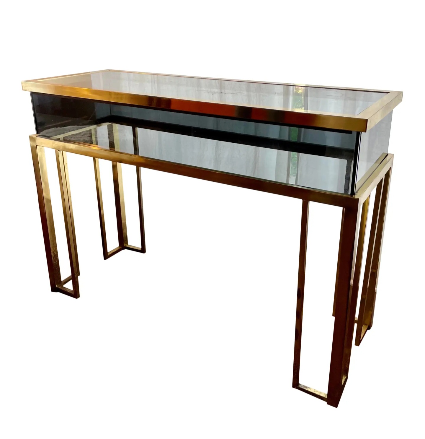 Italian Design Console Table in Brass and Gray Smoked Glass