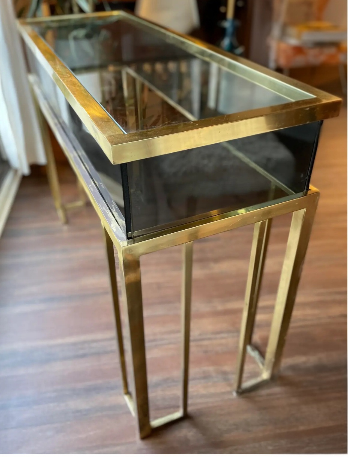 Italian Design Console Table in Brass and Gray Smoked Glass - Image 3